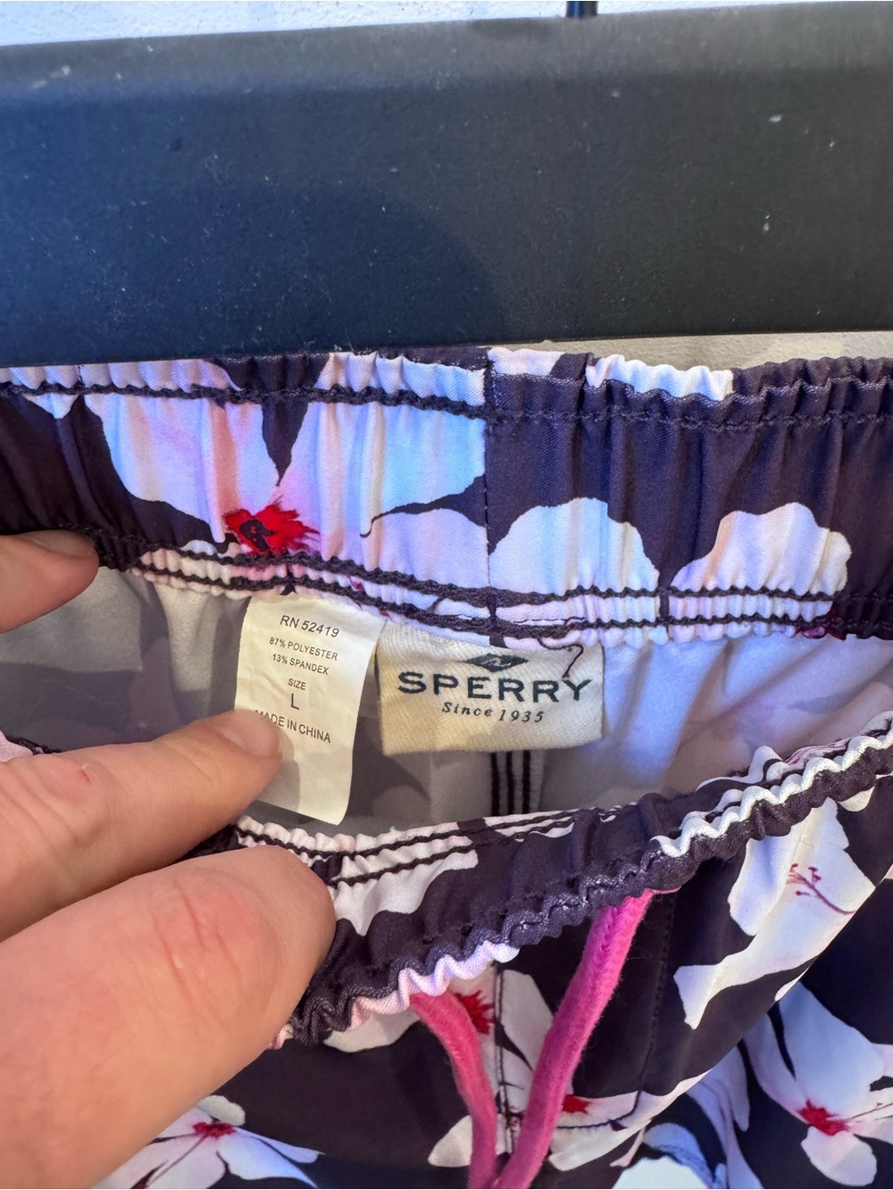 Sperry Navy Floral Swim Shorts with Pink Drawcord